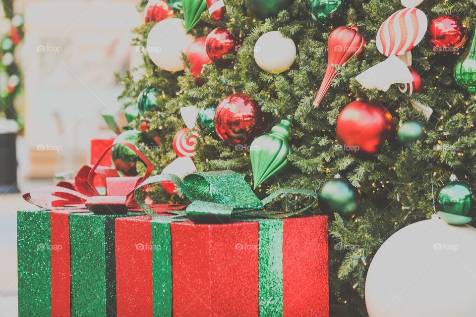 Christmas tree with presents decorated in glitter. A version with less faded edit is also available for purchase from my page. 