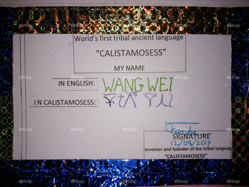 the famous China country name WANG WEI is written in the world's first ancient tribal language in the CALISTAMOSESS 
     if you want to earn money with it's first photograph at the first sight and keep it and share it.