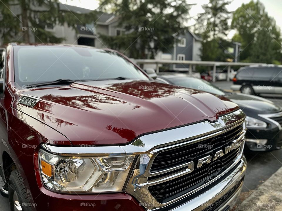 Red Dodge RAM outdoor closeup 