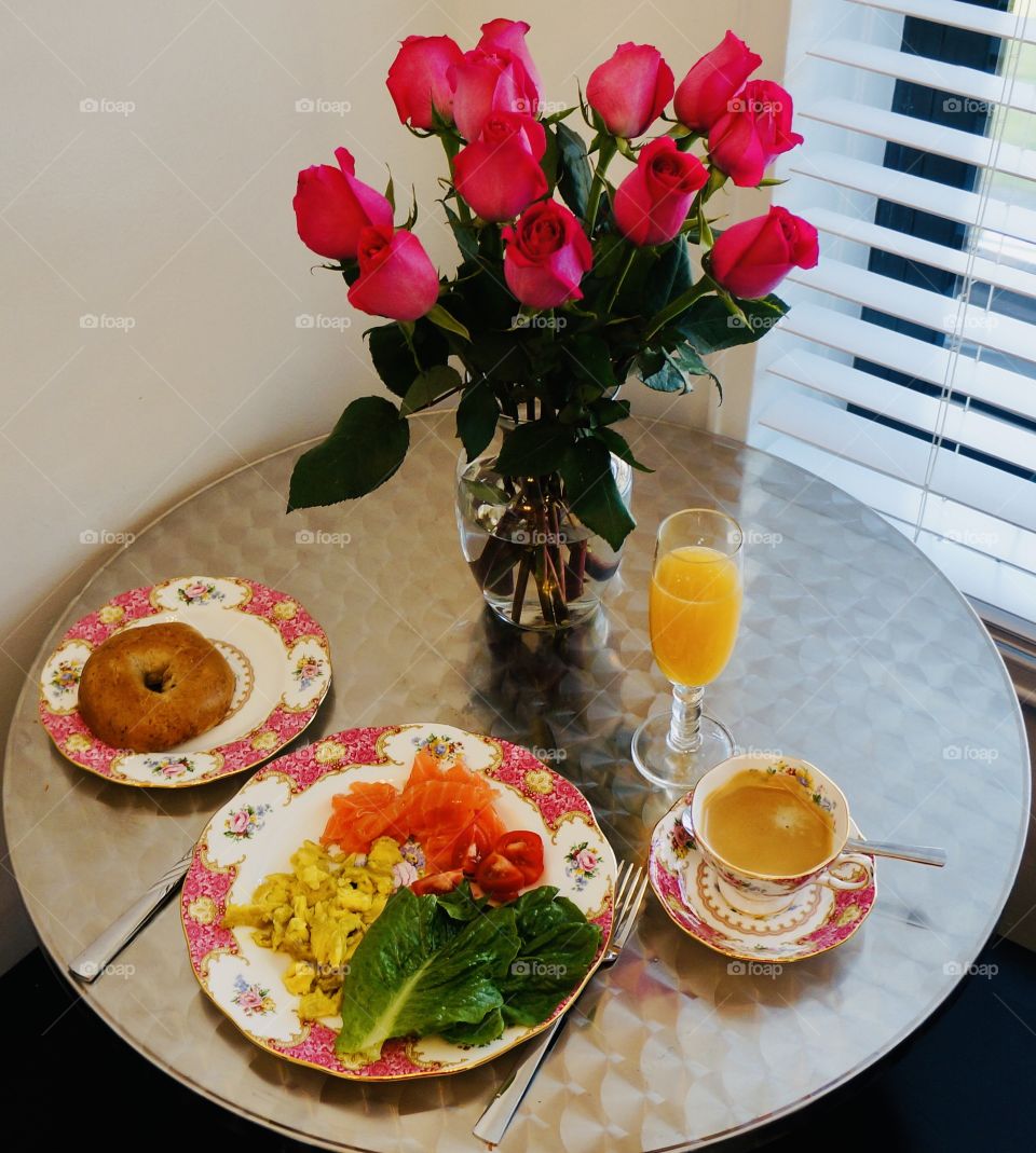 Breakfast-A sumptuous spread to begin the day, with a glass of mimosa to boot. Bon Appetit. 