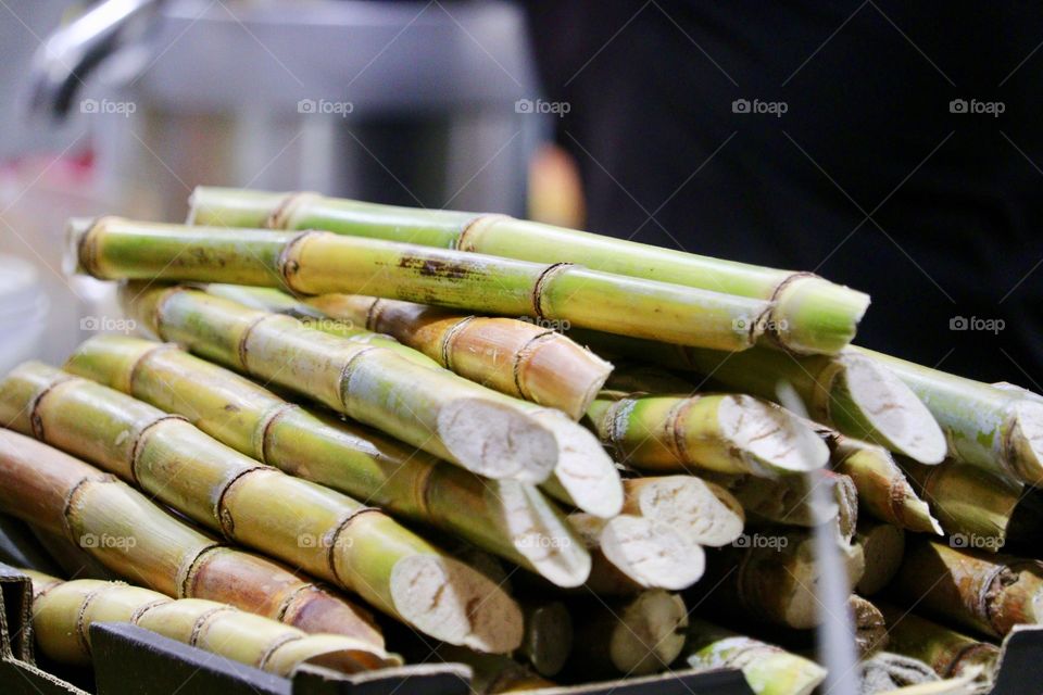 Sugarcane raw, green sticks in pile bunch at produce food market, closeup