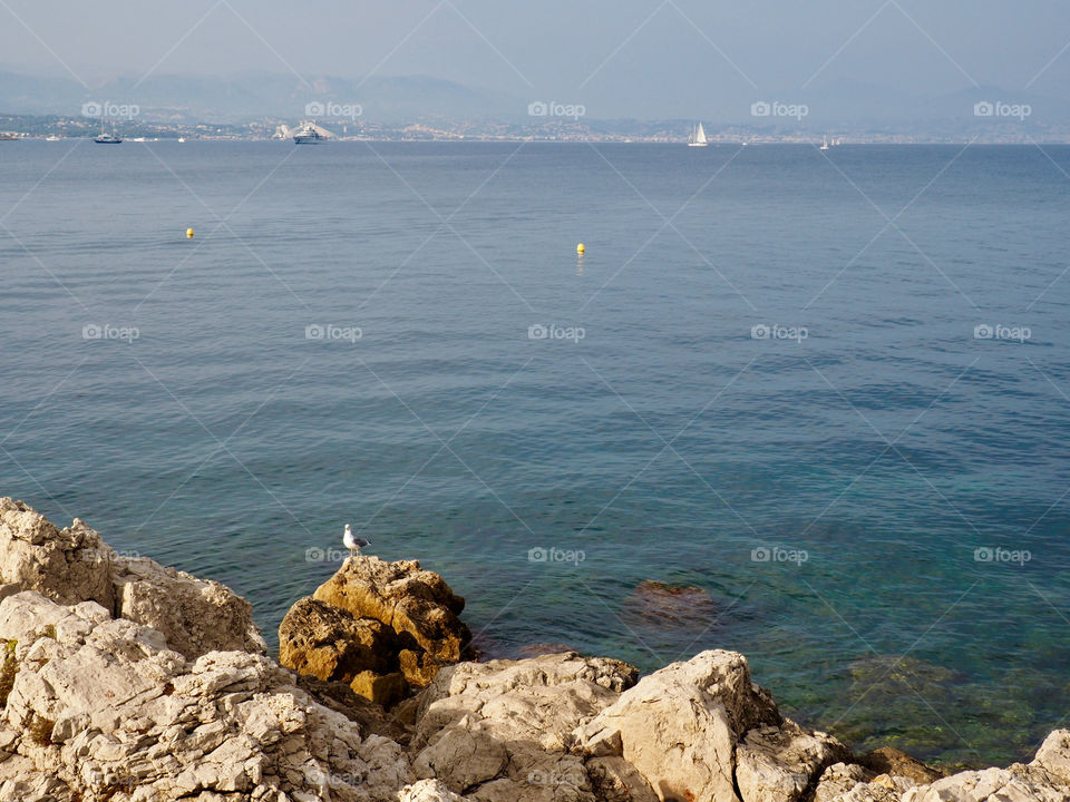 Scenic view of the blue water off the coast of Antibes in the south of France.