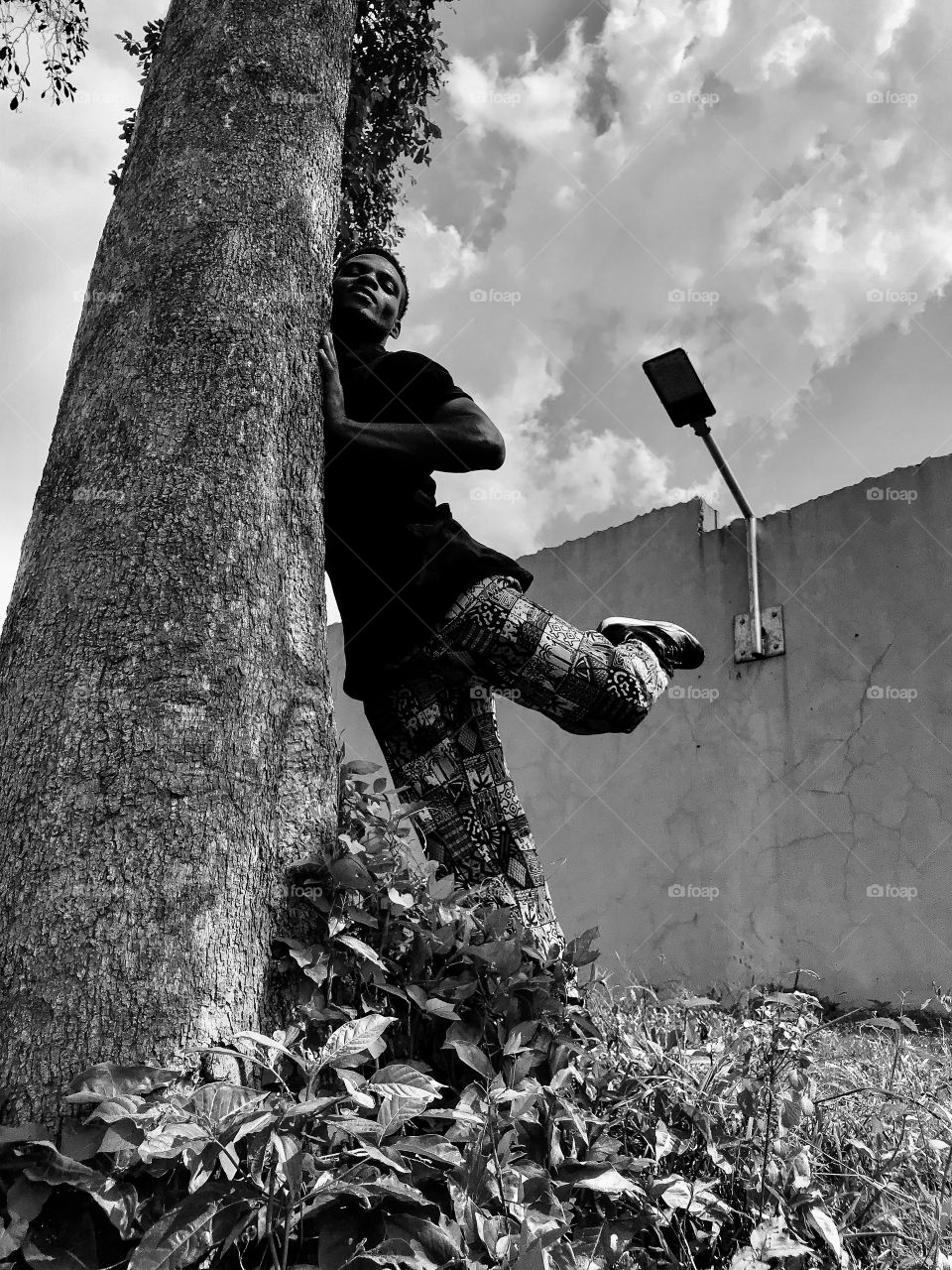 Black and white : man pushing against a tree in a semi-natural environment 