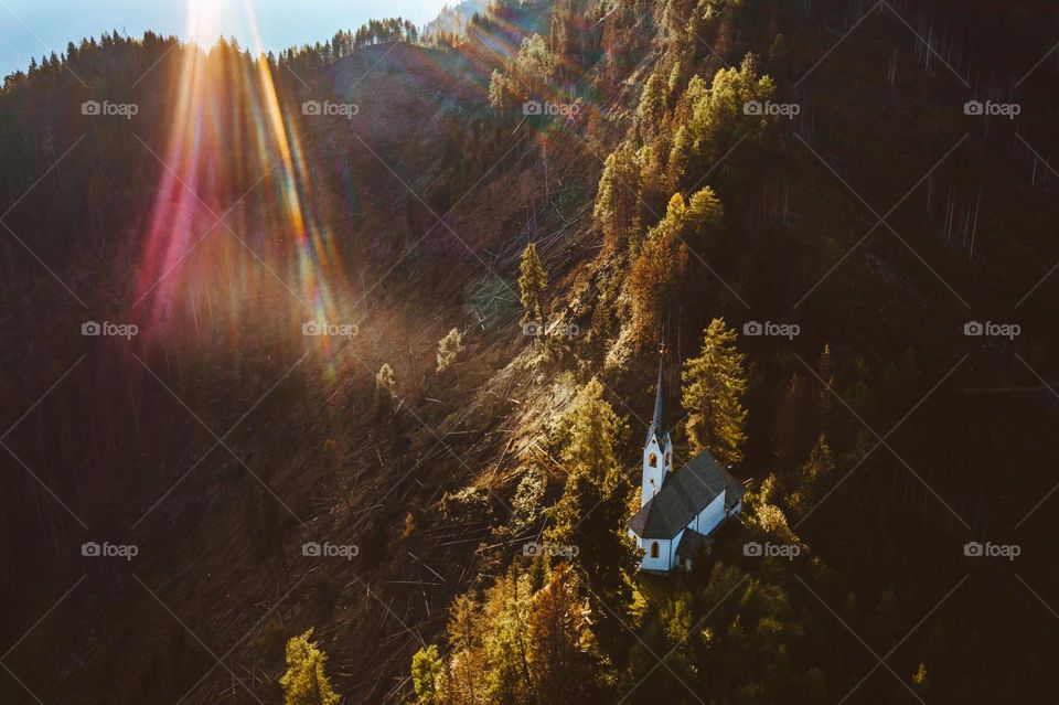 Bird's eye view on the Church of Saint Helena at the height of 1200 m above the sea level in Thurn in Austria.
