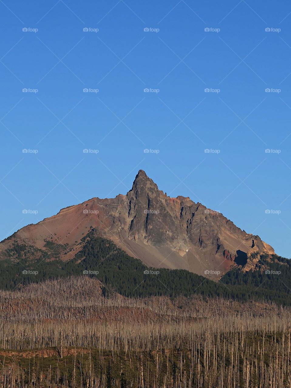 The jagged peak of Mt. Washington in Oregon’s Cascade Mountain Range on a sunny fall morning with clear blue skies. 