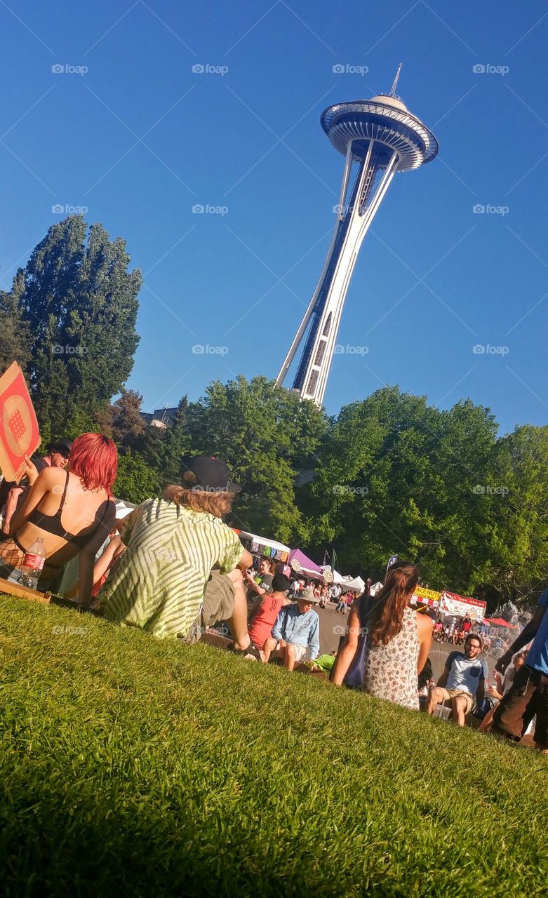 diagonal view of the space needle at folklife festival