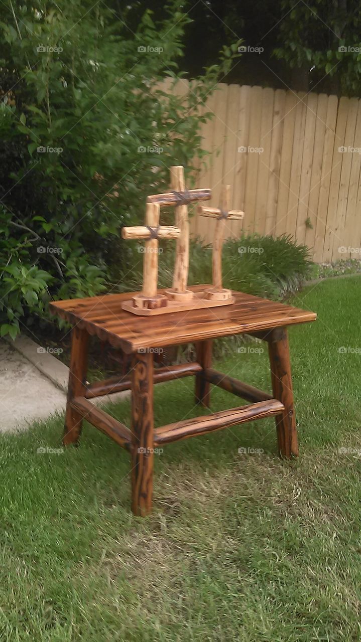 triple tree. these crosses are built with donated cedar