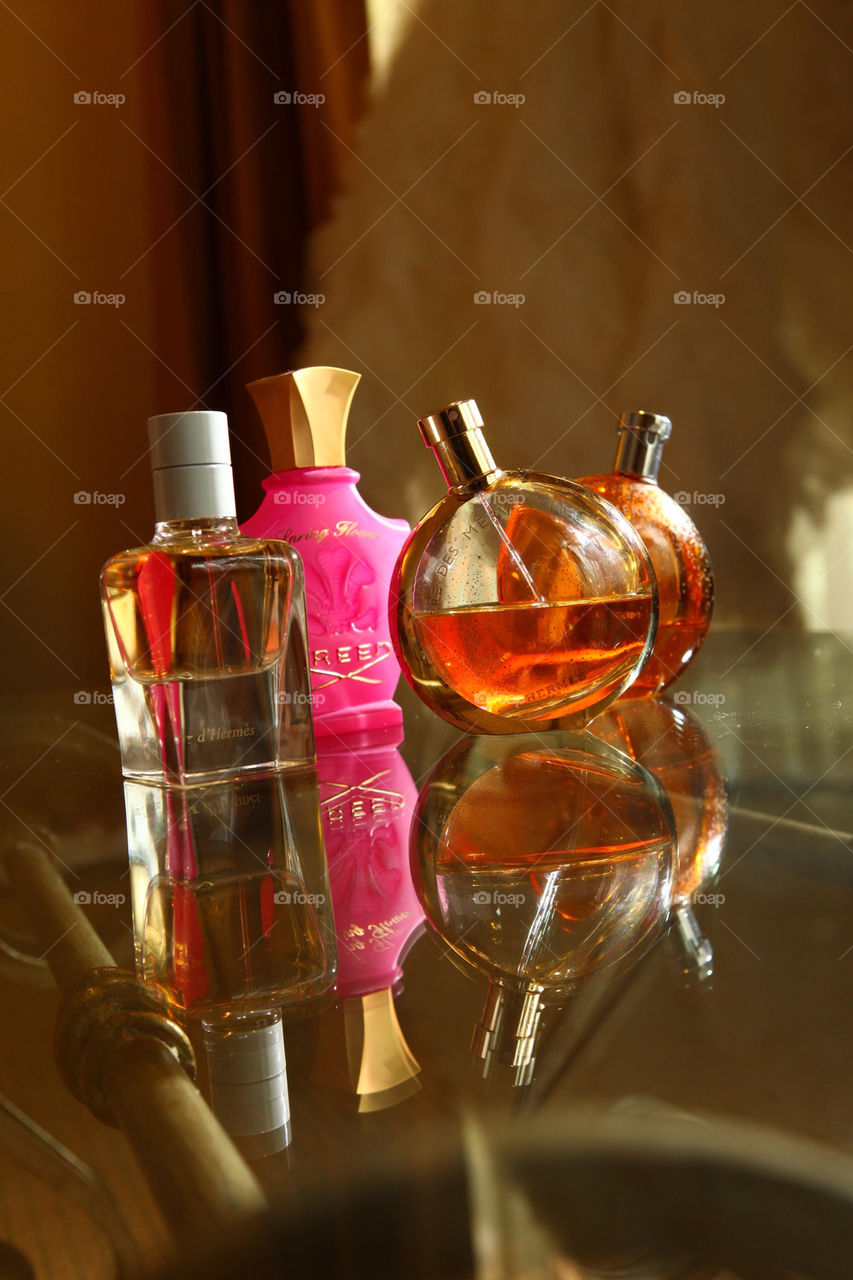 Set of fine women's parfumes by the table