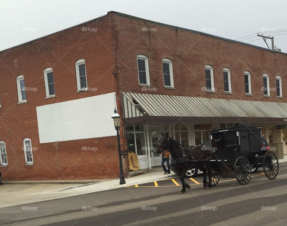 Amish buggy in town