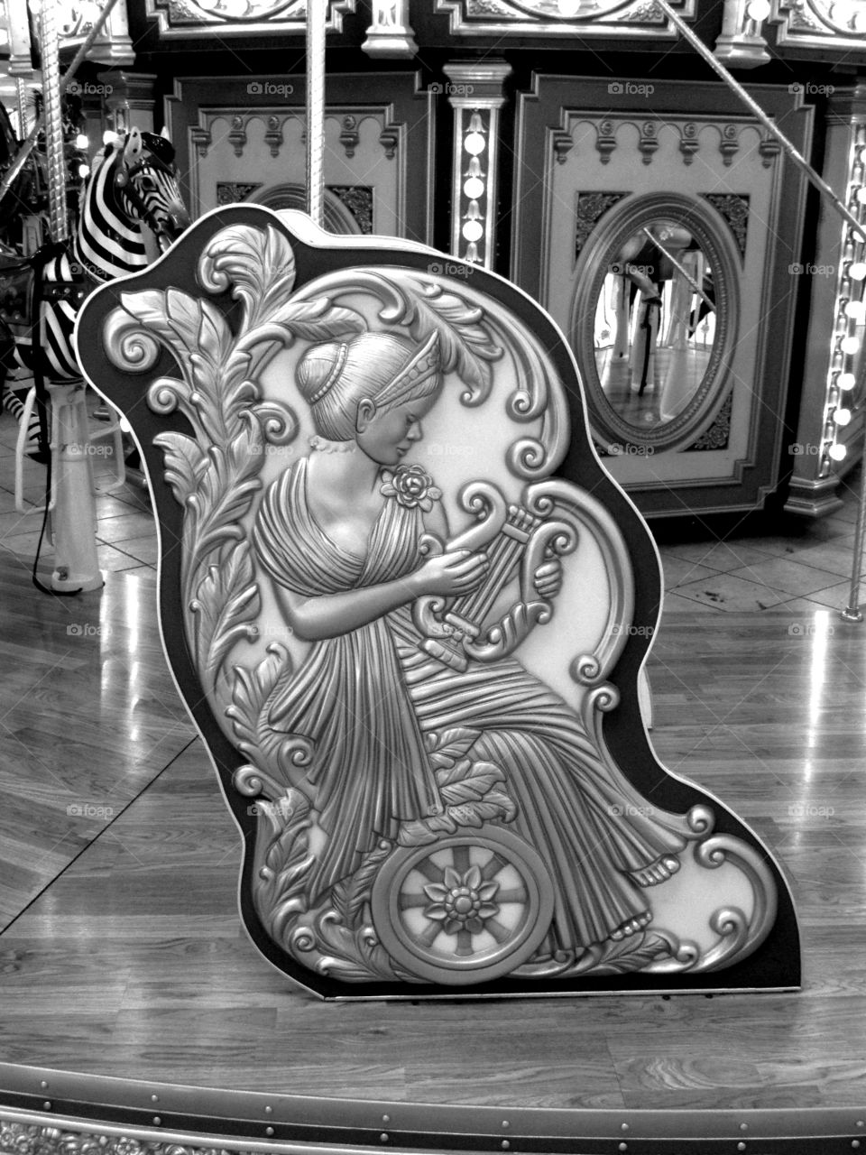 black and white carousel. at the Fairfield City Mall taking pictures