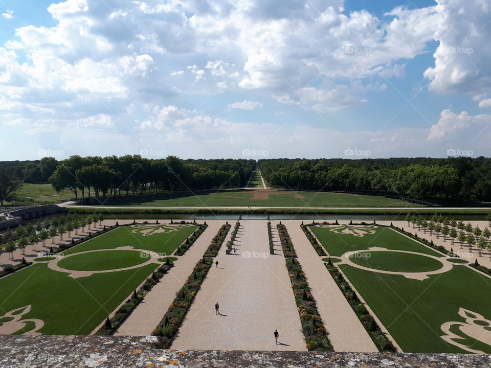 Panoramic view from the castle balcony to the garden