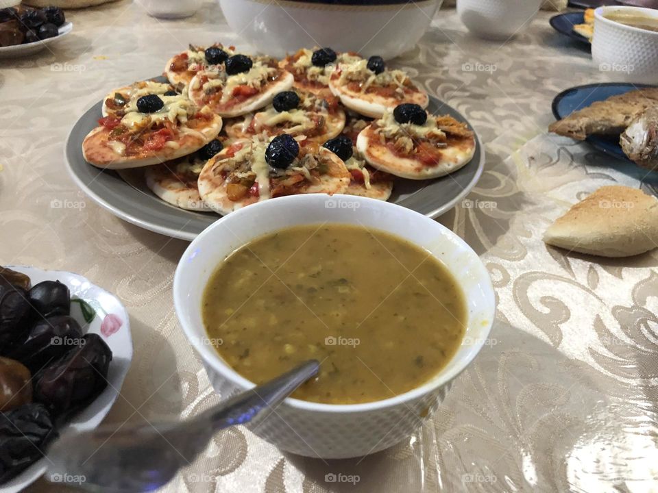 Moroccan table full of food in ramadan fasting month.