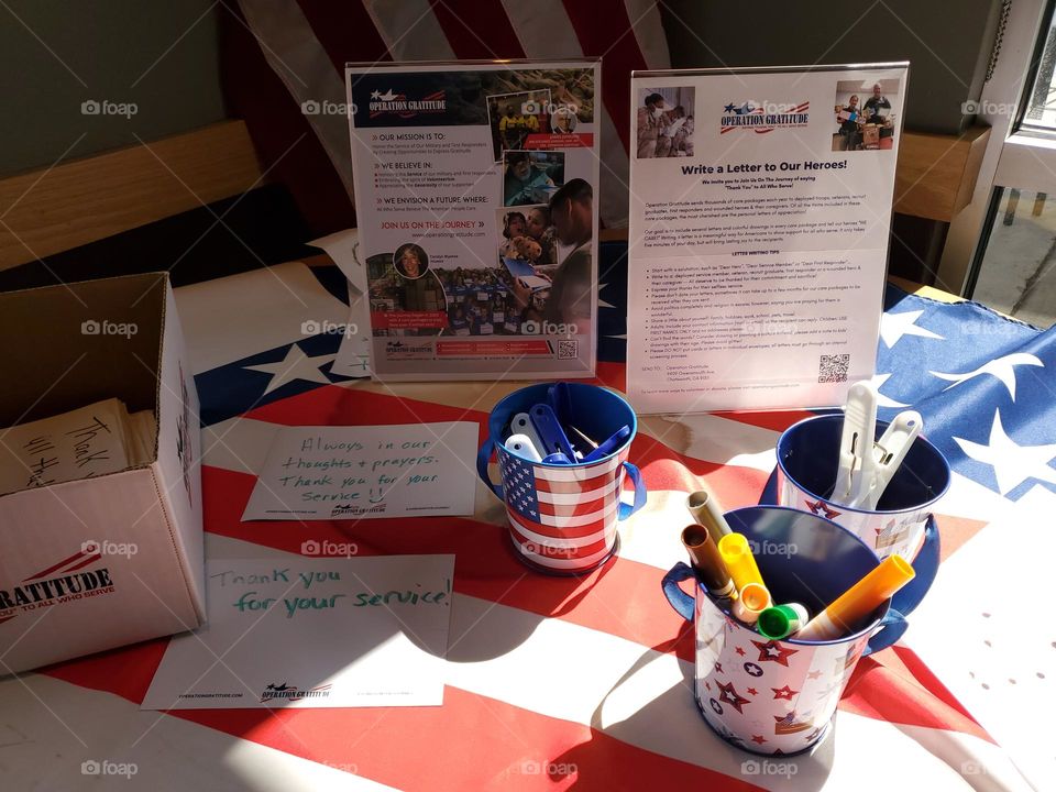 Operation Gratitude set up at local veteran owned coffee shop.