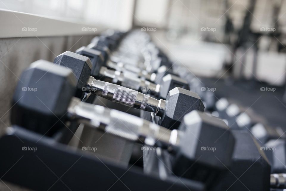 Rows of Metal Dumbbells on Rack in the Gym.