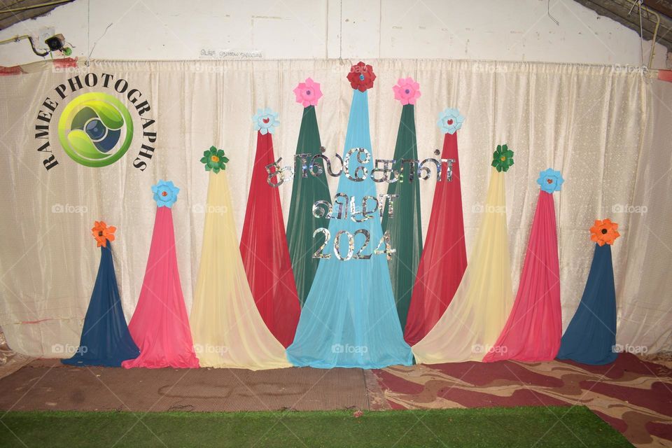 stage decoration with shiffon colour shawl for schools function