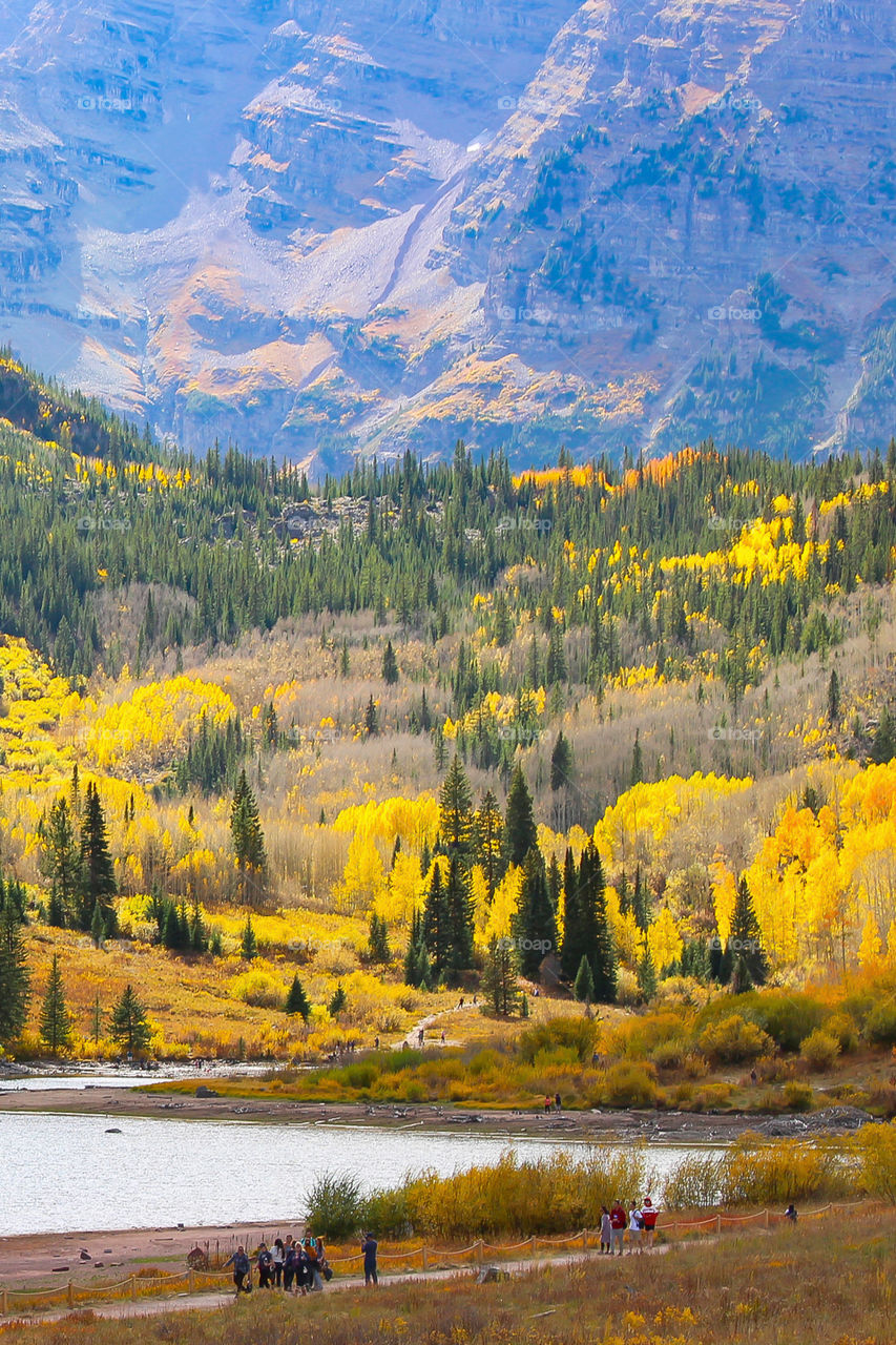 Maroon Bells in peak season for fall foliage. Snowmass Wilderness, Aspen, Colorado, USA. Beautiful autumn colors, Nature Background, Hiking, Active lifestyle