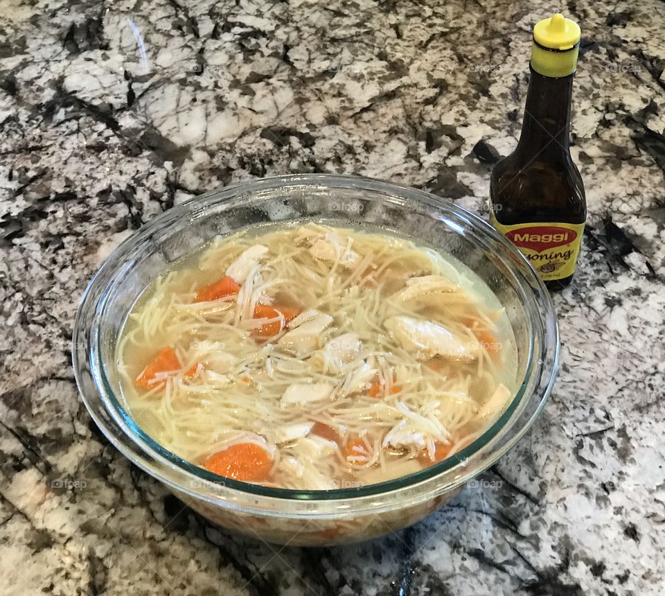 Homemade, organic, chicken noodle soup. 