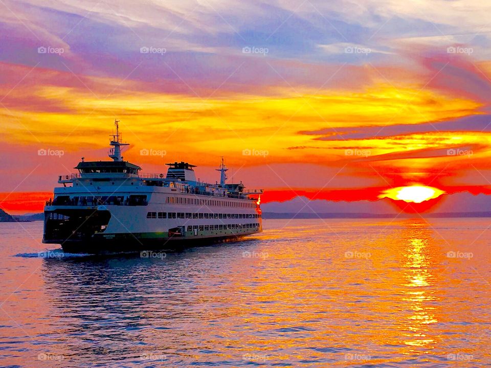 Big cruise in sea during sunset