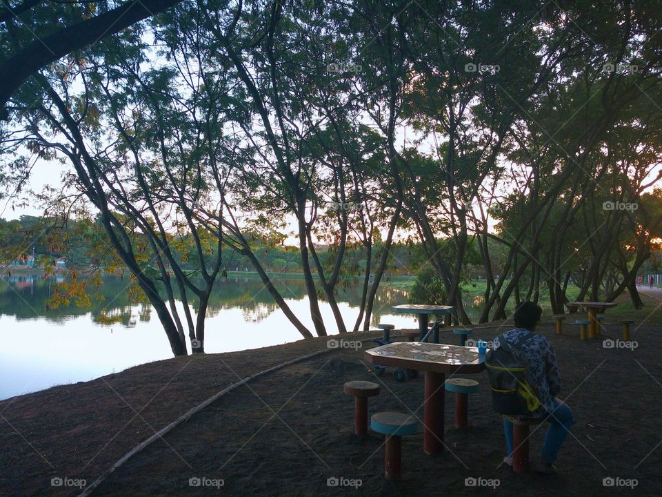 A tired man sitting down with the tree's company