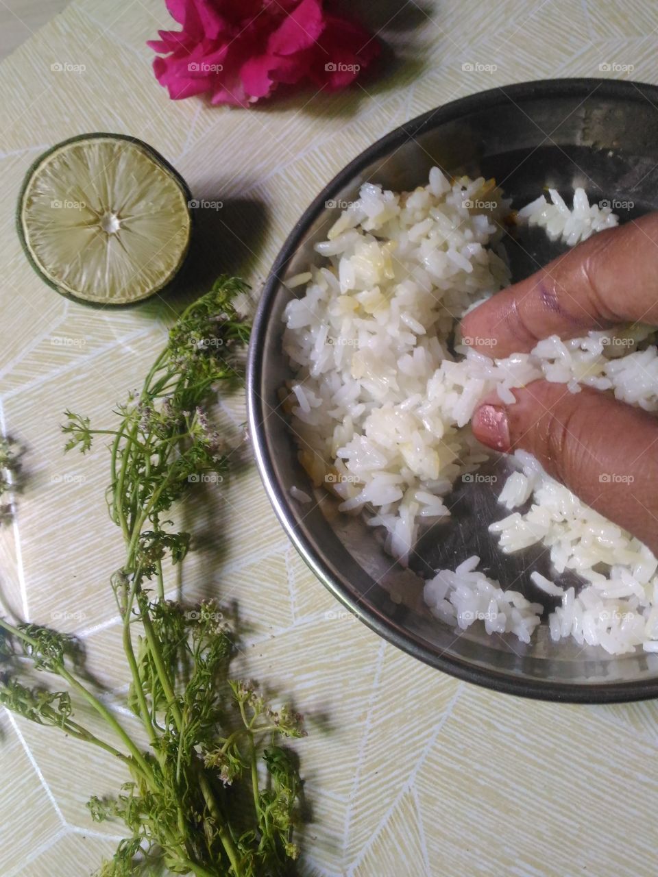 Rice in plate with lemon