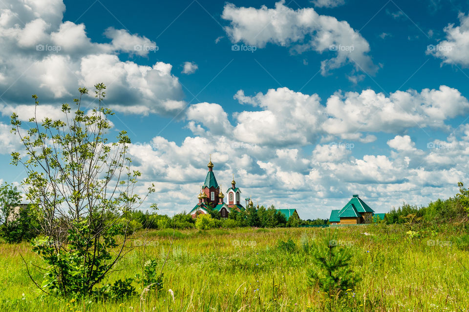 Beautiful rural landscape with Russian orthodox church