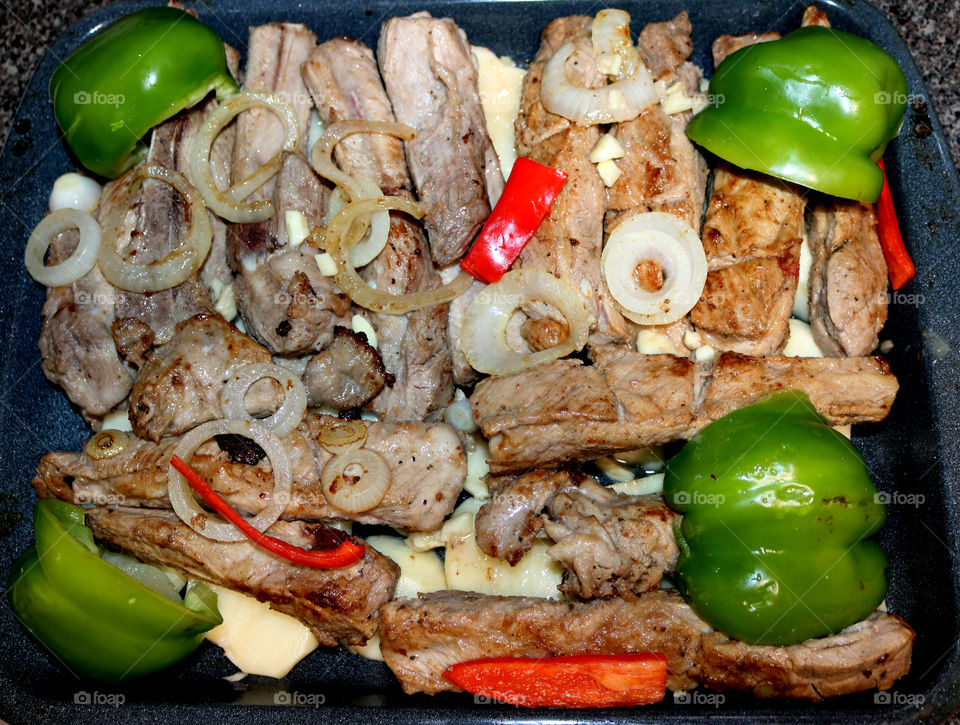 pork ribs, onions, peppers