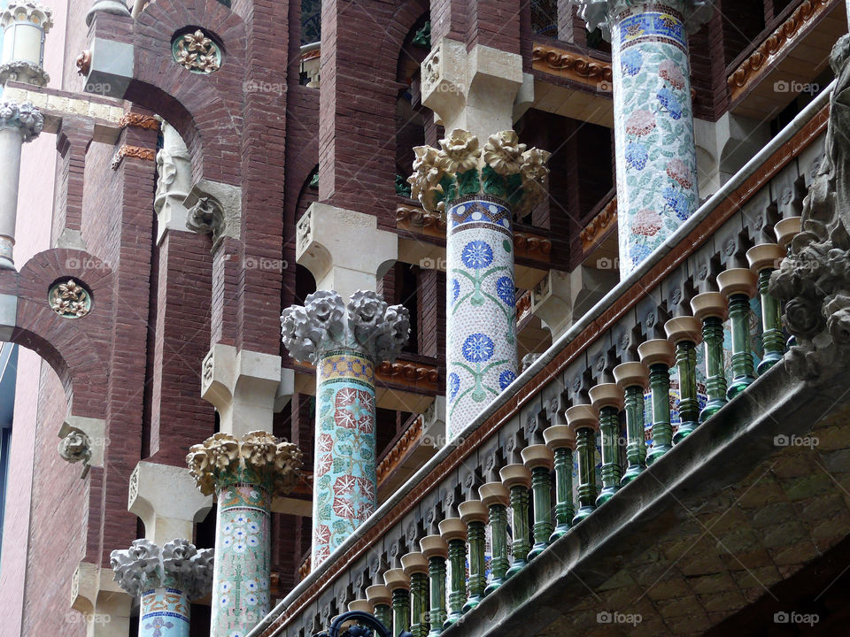 Low angle view of the concert hall's architectural columns.