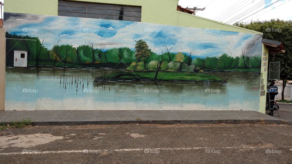 Grafite, Bela pintura artística de lago e matas, em parede próxima a calçada.