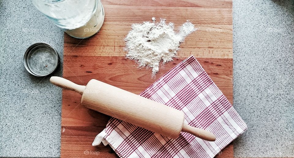 Preparing food in kitchen