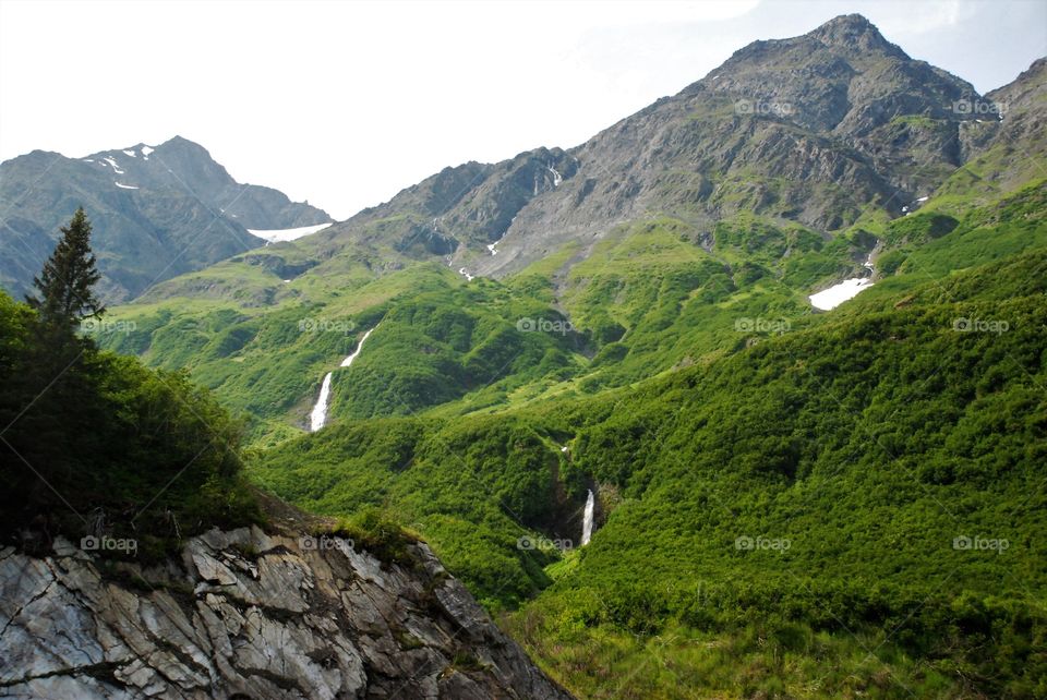 Distant waterfalls from glacial melt