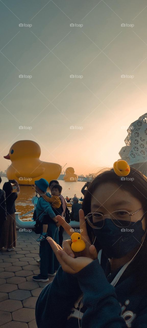 Rubber Duck floating on Love River Bay in Kaohsiung, Taiwan