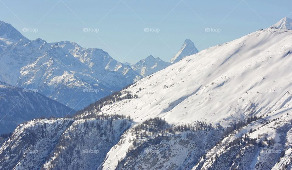 View of Swiss Alps covered in snow