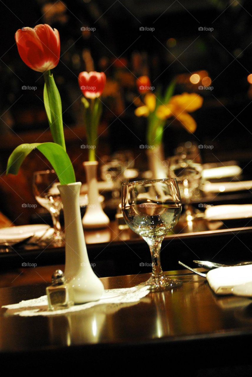 Restaurant. Flowers on tables
