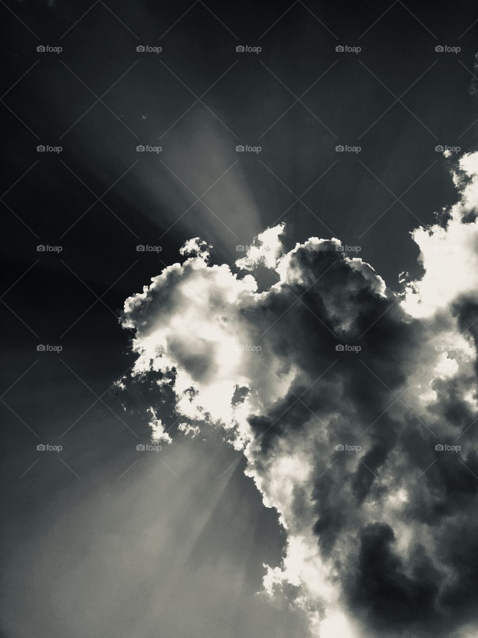 Looking up towards the sun hiding behind some clouds displaying sun rays 