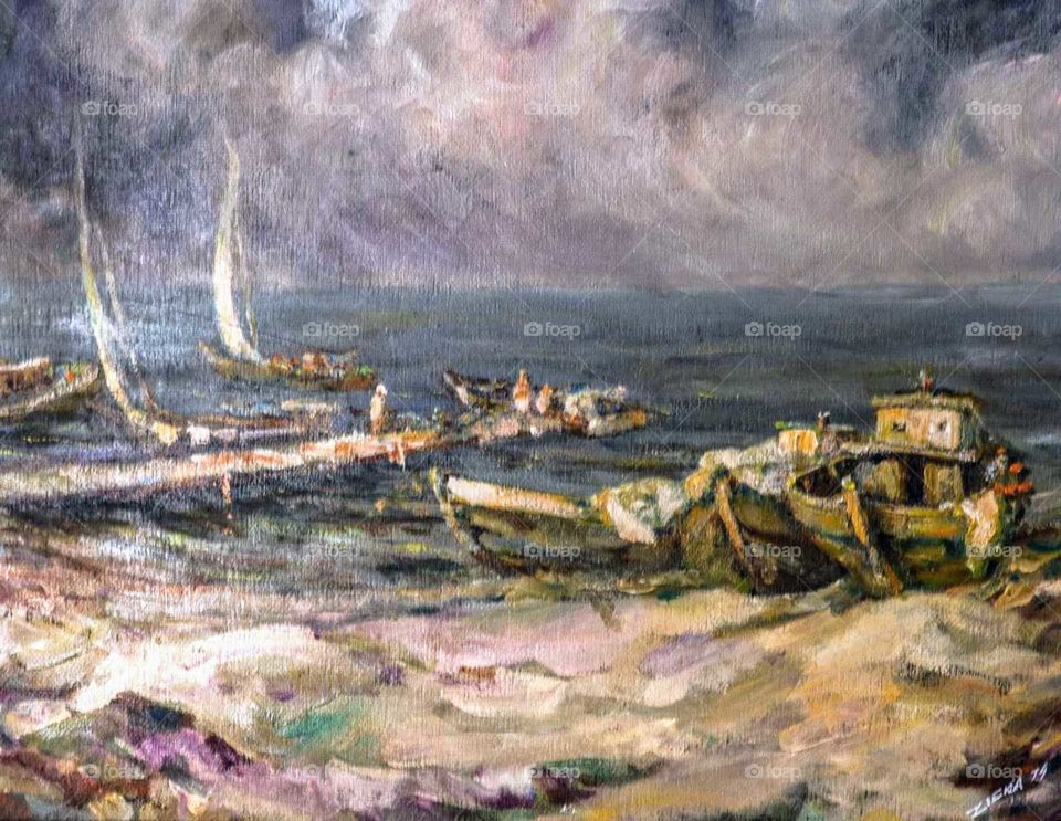 oil painting of boats and shores