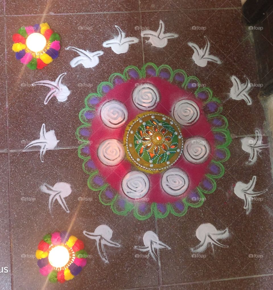 RANGOLI, INDIAN ART, Art with colors, colorful, Lamps alongside!