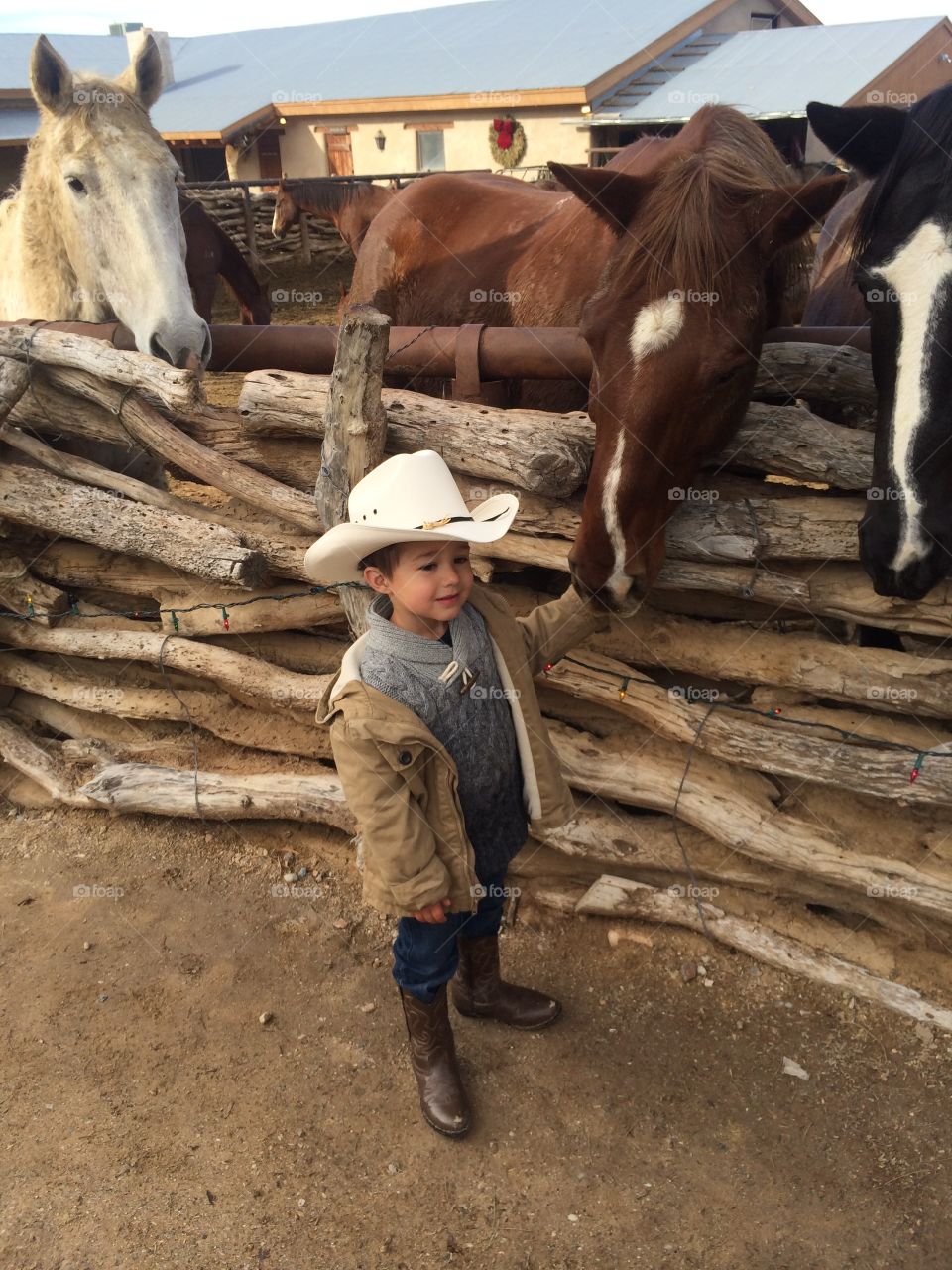 Cowboy in the Making . 
Visiting the horses at a dude ranch.