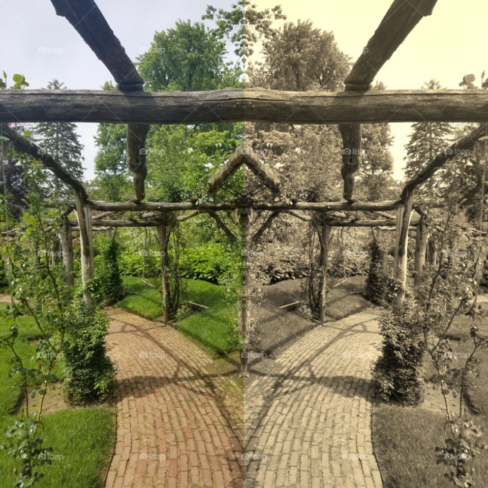 Beginning of Summer at Old Westbury Gardens on Long Island. Mix of Clouds and Sun. Photo Collage. Sepia Filter and Original Photo. Walking Path Captured on Android Phone - Galaxy S7. May 2017.