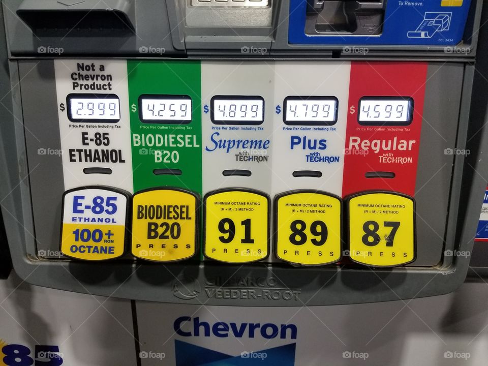 Chevron gas pump, showing types of fuel and fuel prices.