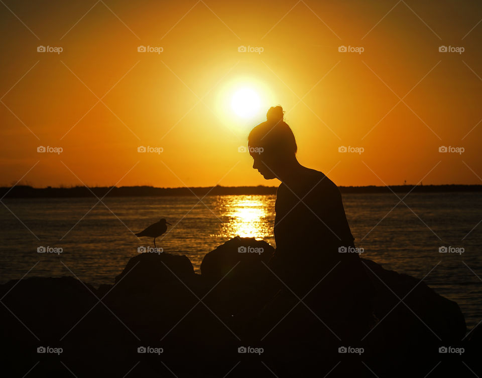 Silhouette of lady and bird with ocean sunset in background