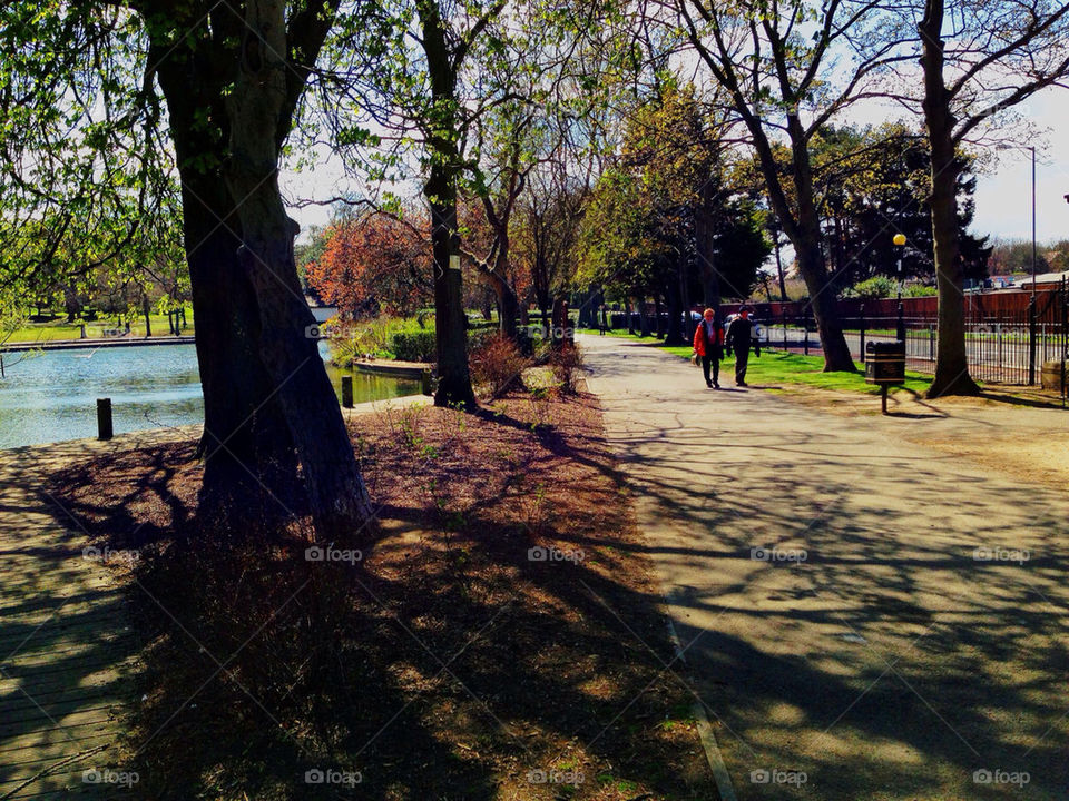 A walk in the park. A white couple walk in the park on a sunny day.