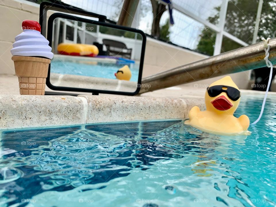 Duck Saying Hi Floating In The Pool Mirror Reflection With Its Ice Cream Waiting