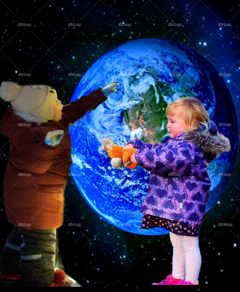 Cosmotogoria.  Blue Earth, near which two little girls are standing.  One girl points to the planet with admiration and surprise.  The second girl, in a purple jacket, holds and looks at her toy