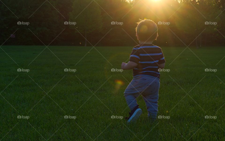 Baby boy walking through field of grass at dusk