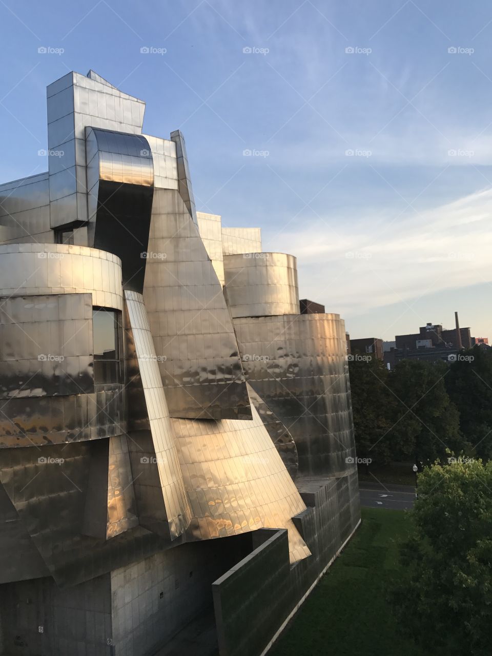 Weismann Art Museum in Minneapolis reflecting the last daylight on an early fall evening.