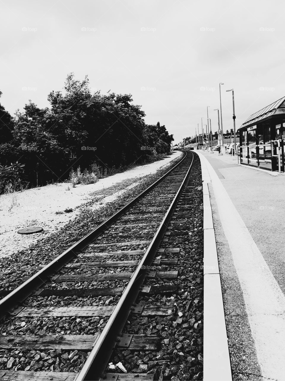 Train tracks in black and white