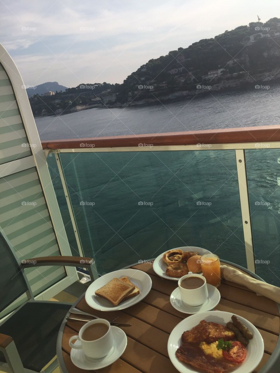 Royal Caribbean Breakfast. American style in the Mediterranean. Best views ever! Treat yourself royally: get a balcony stateroom if you cruise around the Mediterranean because by the end of the cruise you will be ready to pay more just to be able to wake up to an amazing sea and mountains view again!