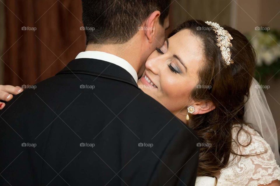 A romantic moment of a bride and groom