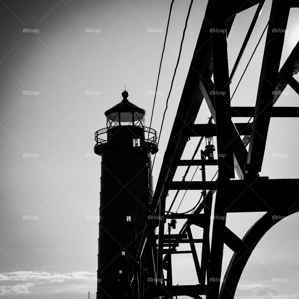 Monochrome, Lighthouse, Sky, Sea, Bridge