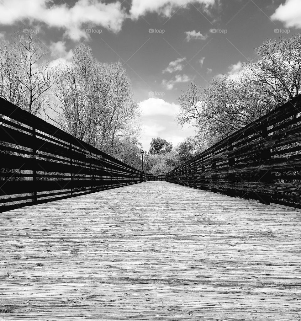 Black-and-white photography of a board walk